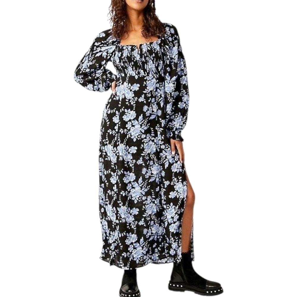 Free People Blue and White Slit Sundress with Bishop Sleeves Sz S